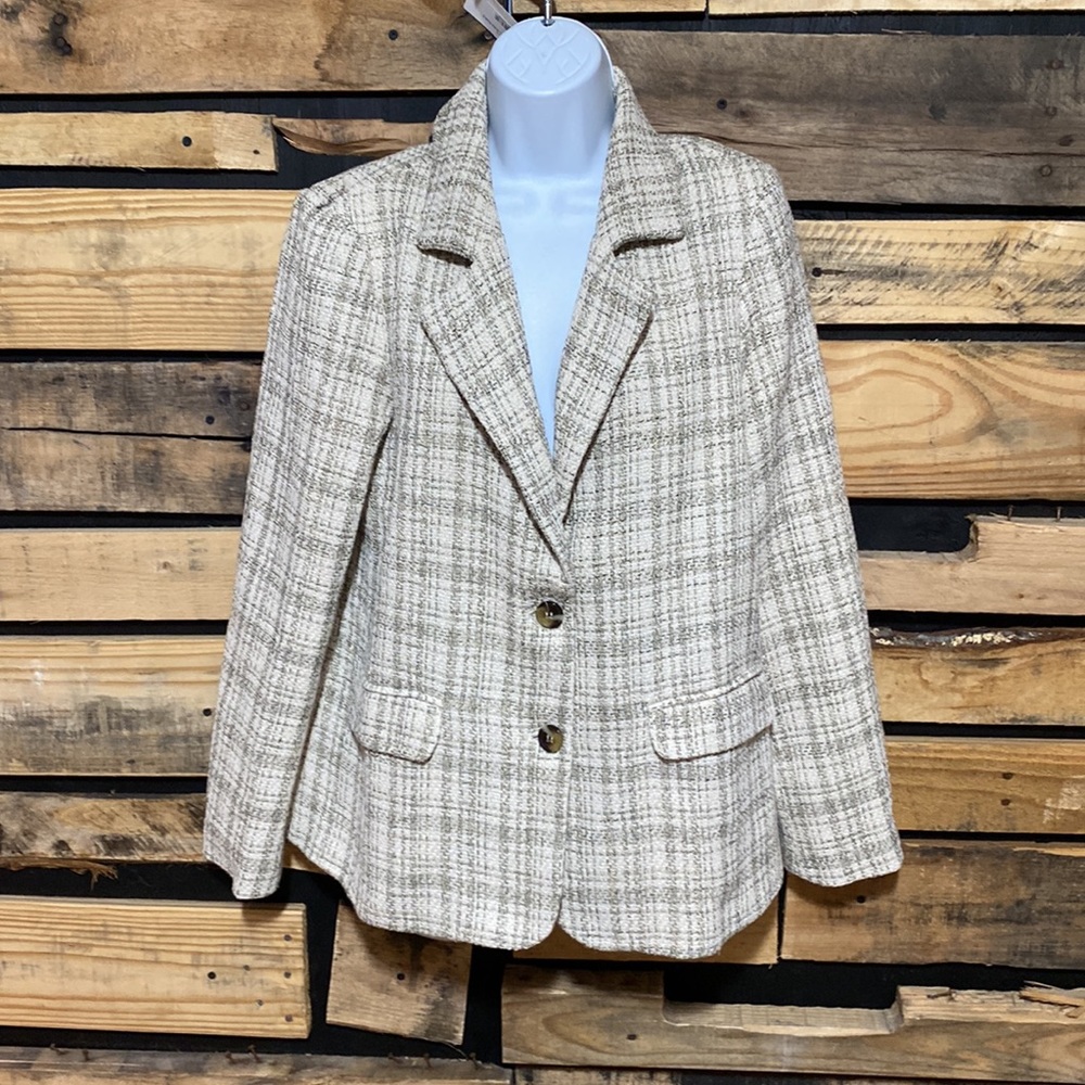 NWT LE LIS White Cream Tan Tweed Plaid Checkered Button Up Blazer Jacket Coat S